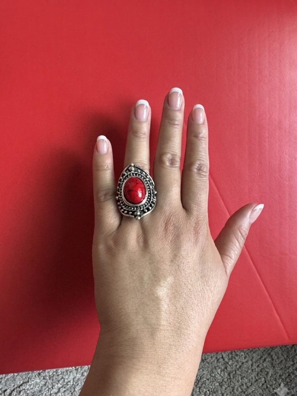 Vintage Boho Western Red Stone Statement Ring | Adjustable Silver Shield Ring